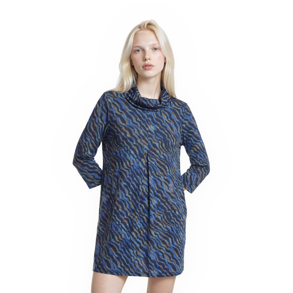 Tyler Boe Dress Women's Size‎ Medium Blue Abstract Cowl Neck Shift Faux Suede
